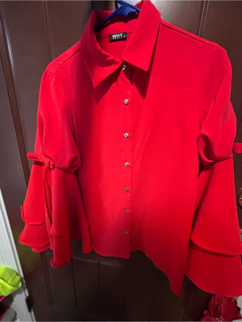 Red Ruffle-Sleeve Button-Front Women's Top - Picture 2 of 5